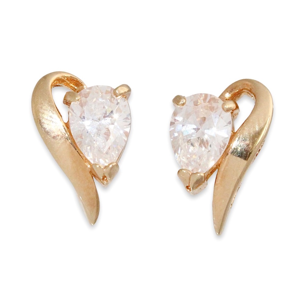 Estate Cubic Zirconia Teardrop Stud Earrings Gold Plated Half Heart Pear Crystal